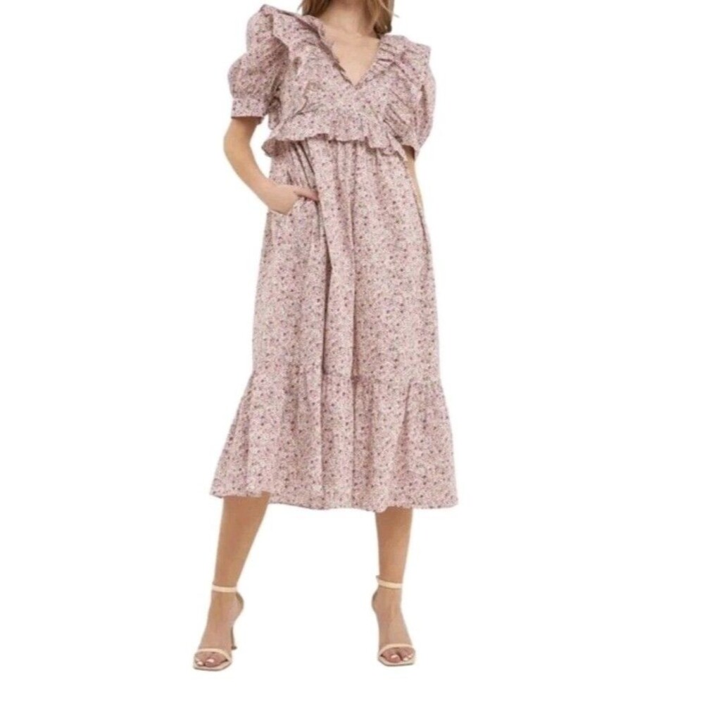 English Factory Cotton Ruffled Midi Dress Sz XS Pink Floral Cottagecore Country